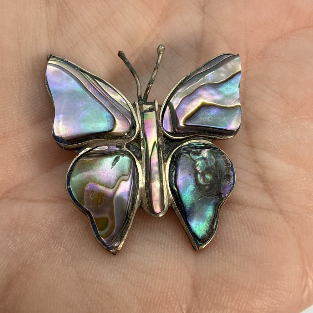 Vintage Alpaca Silver Tone Abalone Shell Butterfly Inlay Brooch Pin